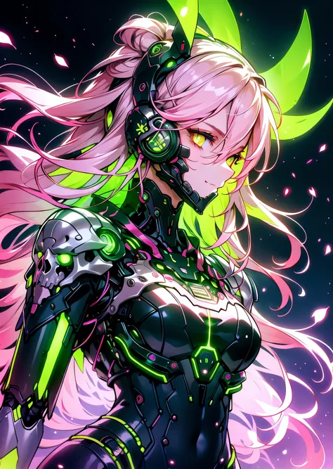 (best quality,highres,masterpiece:1.2),1girl,resting in flower field,pink hair medium hair topknot,glowing eyes,armor,cyberskull...