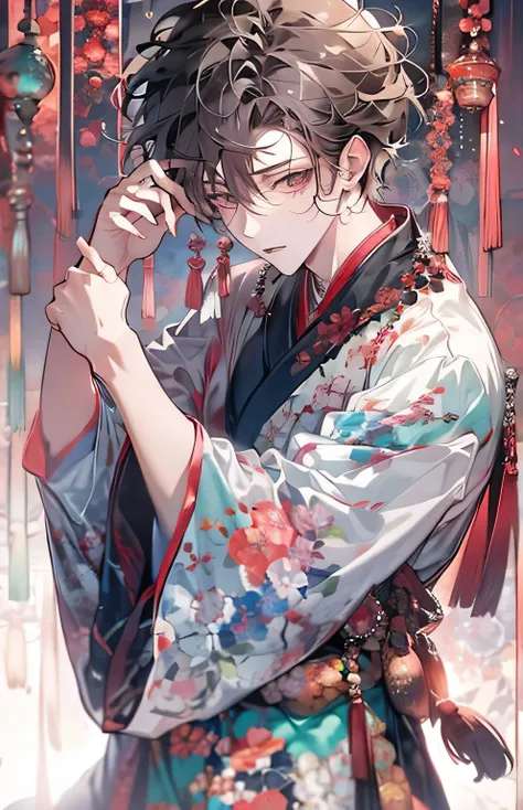 ((highest quality)), ((masterpiece)), (get used to it), perfect face , beautiful boy , adult male , kimono pose ,