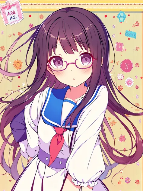 Una chica con un vestido blanco y gafas de pie sobre un suelo azul., Moe anime art style, magiaal school student uniform, nagatoro, hinata hyuga, anime visual de una linda chica, kimi takemura, style of magiaal girl, holoviva, portada de anime, magia , shi...