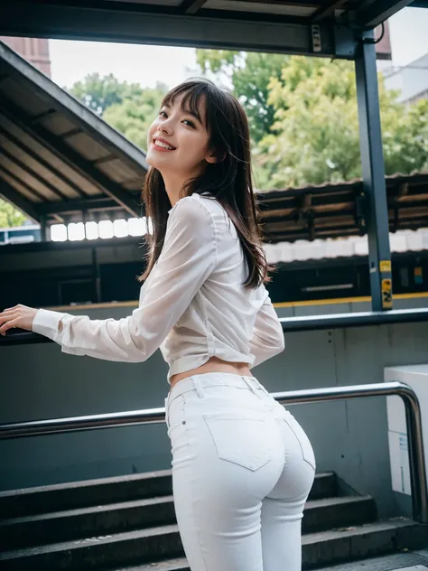 NSFW, 1girl in, (Well-formed face), ((light-colored blouse)), ((White Skinny Jeans)), (Black panties), (emphasis on the buttocks), facing back, The costume is sheer, de pele branca, slender, Small buttocks, , Sunnyday, train station stairs, Wet, Dark brown...