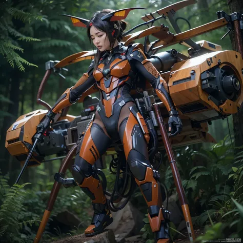 Japanese woman in bat & ant-shaped power suit, brown accents, hydraulic cylinders, power cables, apogee motors, thrusters, vernier, metal textures, base in forest, hover movement, ultimately complex details, lighting to highlight machinery, photorealistic