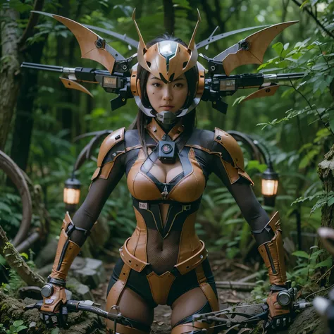 Japanese woman in bat & ant-shaped power suit, brown accents, hydraulic cylinders, power cables, apogee motors, thrusters, vernier, metal textures, base in forest, hover movement, ultimately complex details, lighting to highlight machinery, photorealistic