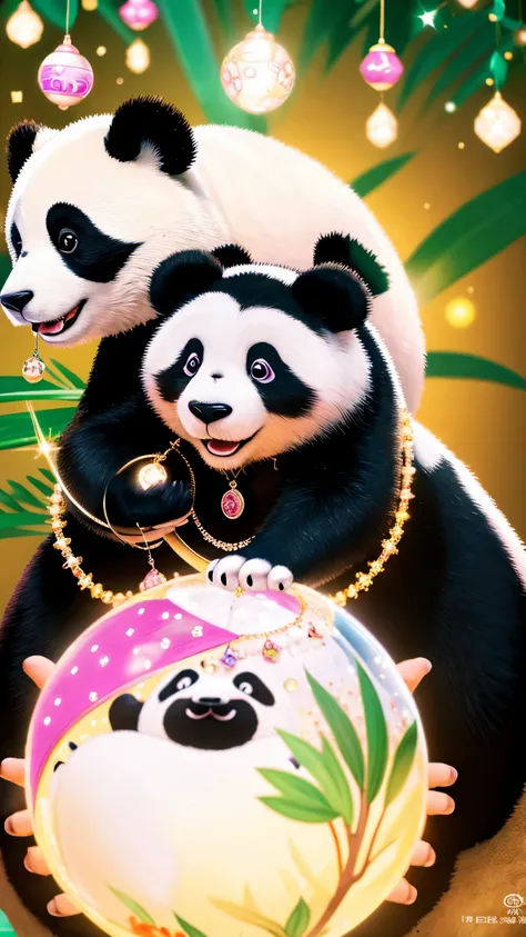 A shining young man adorned with various jewels，A panda is holding a large ball，look straight at the camera， in the center，Very bright color, Light Particles, The light shines, Musibu, Wallpaper Art, UHD Wallpaper,Background pink、Divination for meditation、...