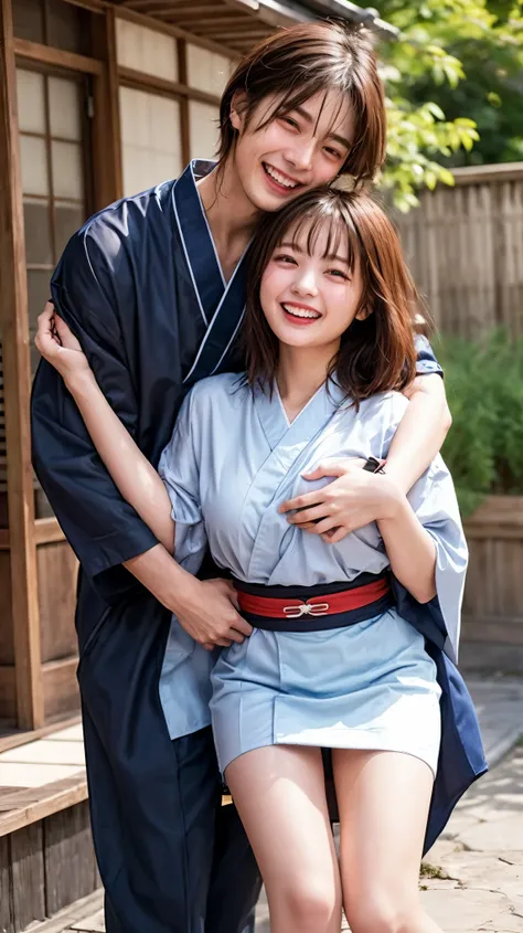 highest quality、4K quality、Young woman being grabbed by man、Small face、18-year-old、slender、Man grabs womans chest、Japanese kimono with exposed thighs、Laughing with your mouth open（1.3）、Model-like exposed legs、Exposed small breasts