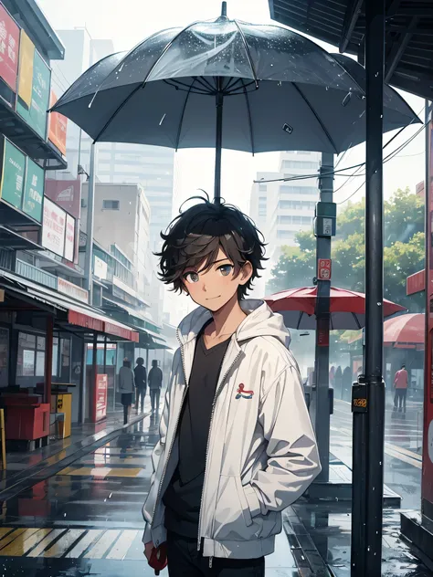 a boy standing under a bus stand , waiting , small rain drops , using umbrella , feeling ignorant , bored , watching the birds landed on ground   , small kind smile  , wearing a white jacket , messy hair style , perfect face , detailed eyes , looking down ...