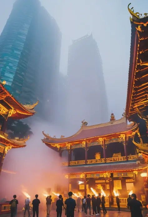 Wong Tai Sin Temple, Hong Kong，With fog，Many people are praying。4k