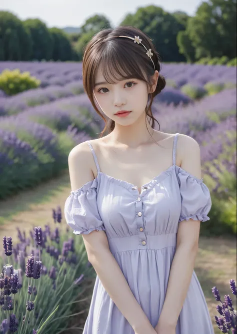 Cute 1 Girl、A girl is standing in a lavender field on a small hill, She is wearing a dress with a small bust、She is wearing a hair accessory made from lavender、Light is visible from the farmhouse window、The Andromeda Galaxy swirls in the night sky、Perfect ...