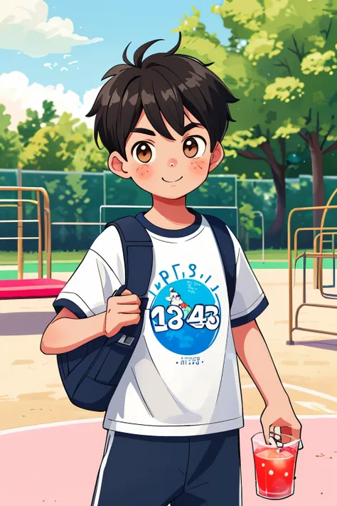 a boy exuding youthful charm after exercising on the playground，drinking a drink，wearing clothes，the clothes are printed with ha