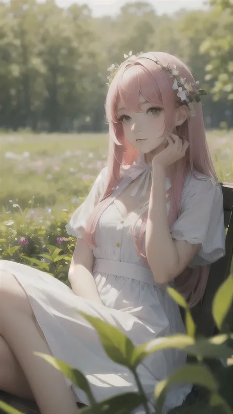 (masterpiece, best quality),1girl with longpink hair sitting in a field of green plants and flowers,her hand under her chin,white dress,blurry foreground,