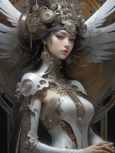 front_view,Aaron Horkey and Jeremy Mann,silver hue Colorful beautiful praying woman,as beautiful as an angel,black ink flow,intricate_detailed,calligraphy,acrylic,fractal art,professional,dificult,maximalist,marton bobzert,fantastic,insane dificult,intrica...