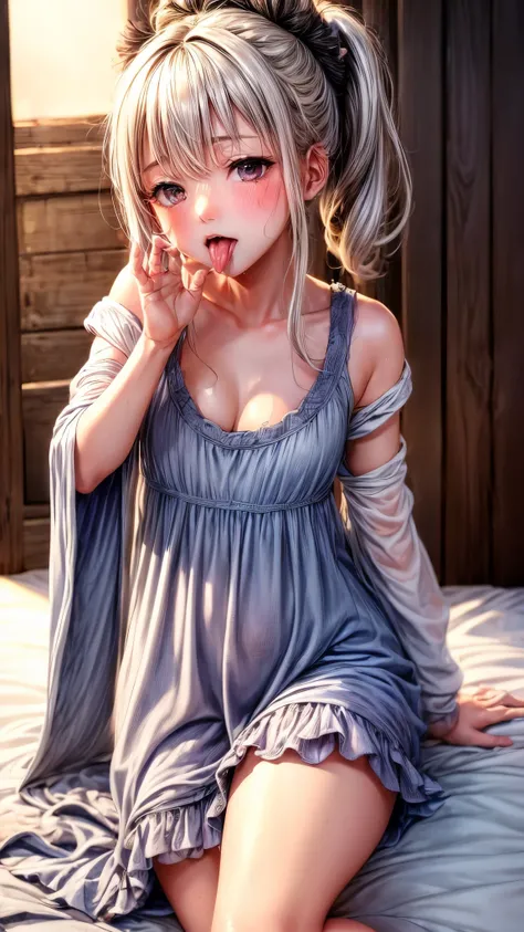 Very detailed(eye:1.7),highest quality、Best image quality、On the bed、Beautiful cleavage、Disheveled clothes、thin、Humiliated face、Dog Pose、Very detailed、Small breasts、Light Particles 0.5、Moist eyes、Wet body、Lick、Open your mouth、Sticking out tongue、Dripping c...