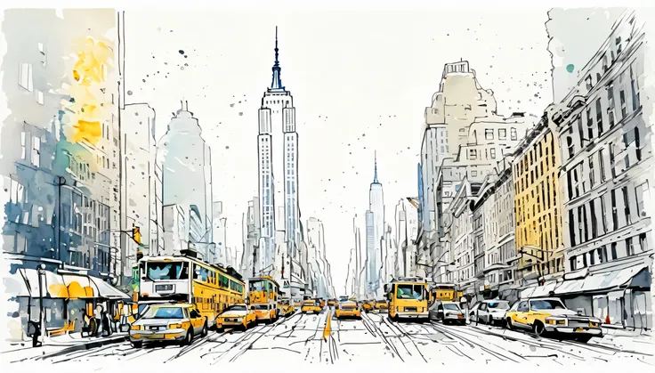 Masterpiece、new york、Omitted style,Line drawing sketch,Stylish cut, artistic,Scribble style,Clear, bold, thick outlines,,Rough coloring, watercolor painting,