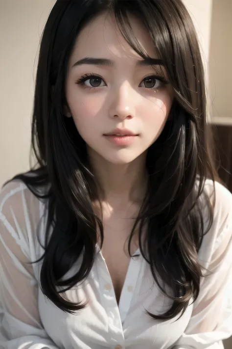 Sexy and cute woman, black brown hair, long hair, straight hair, weak eyes, blushing intensely, lips parted, ready to kiss, long oversized white shirt