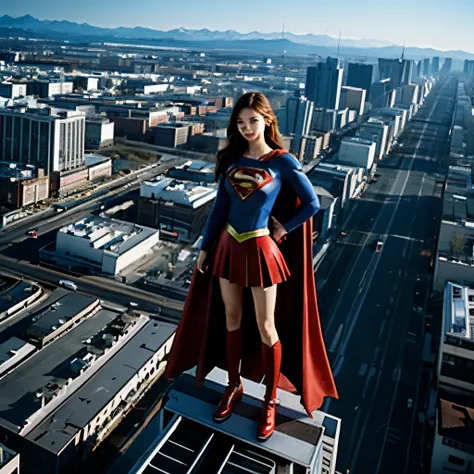 Helicopter shot、Building district、Giant Supergirl photographed from above、Supergirl is as tall as Bill、