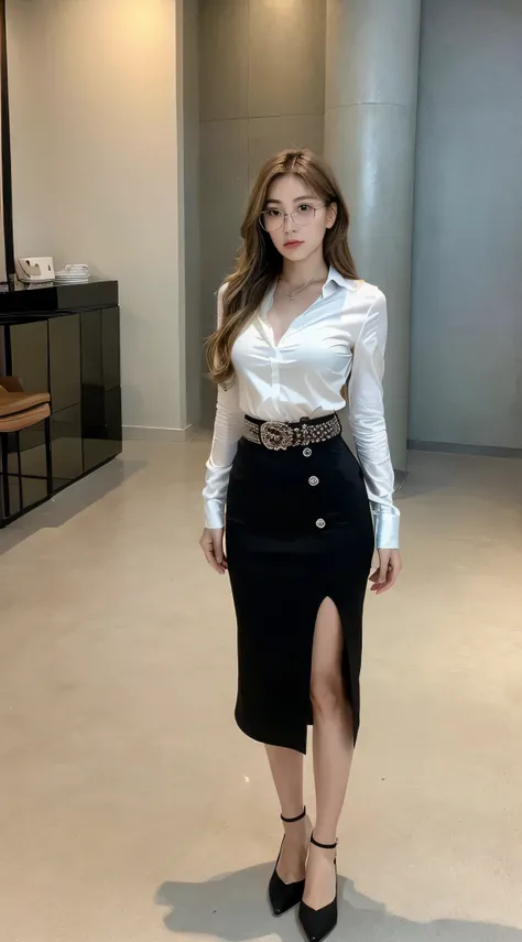 (best quality, high resolution, masterpiece :1.3), A tall woman、Beautiful woman,(((((full-body shot)))))，full-body shot((Upward Shot))，Dark brown wavy hair, Chest，Lace，Set,Glasses，earphone， Wearing a Pendant, White Button-Down Shirt, belt, Black skirt, (mo...