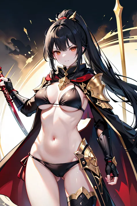 ((highest quality)), ((masterpiece)), (detailed), Perfect Face、knight、Big Tits、ponytail、Black Hair、Long Hair、Wearing armor、Wearing a cloak、Has a big sword、Red Cape、golden armor、Exposing the upper part of the chest、Bikini Armor、Mature Woman、Brandishing a Sw...