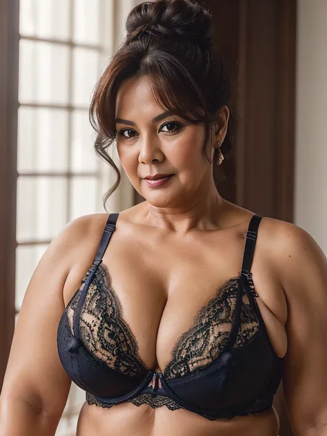 (realistic) ((lace bra)) (real mature face) 59 Years old fat Brunei mature woman, sexy curvy, (sexy chubby body shape), Big : 34.9, (dark bun messy hair), (Breast about To burst out from her bra, wide cleavage),
(plump_body), seductive pose, professional p...