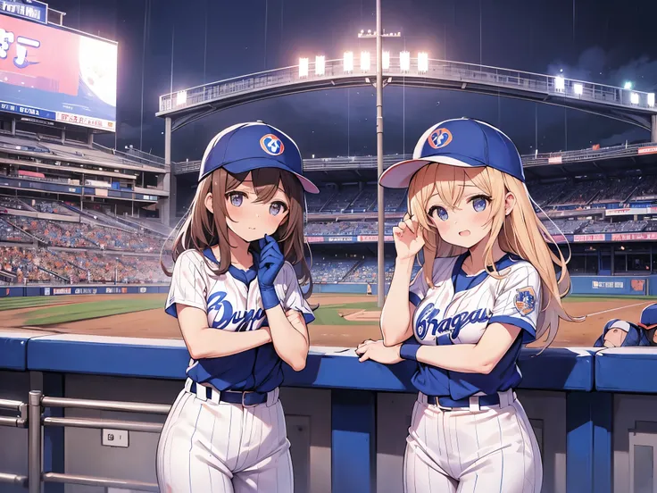 pretty girls, DeNA Baystars, Baseball stadium right stand, support, Night game, (Buruma:1.6), Blue Psyllium, rain, Disappointed, sigh,