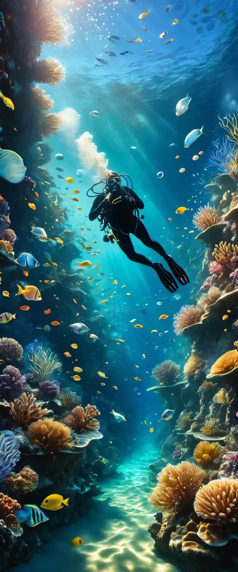 Photos under the sea,Draw a beautiful underwater world,Best diving spots,Transparency,How beautiful,Water representation,Water movement,Fine air bubbles,realism,Beautiful diving spots that will captivate everyone,bright,Diagonal composition,Focus on the Un...