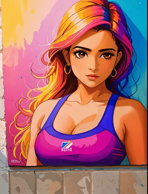 pintura de grafite, arte de rua, Papel de parede de unidade CG extremamente detalhado de 16k, Paisagem 16k, obra de arte, obra de arte, melhor qualidade, incredible light brushstrokes, de uma mulher colombiana em estilo grafite em uma parede branca com cor...