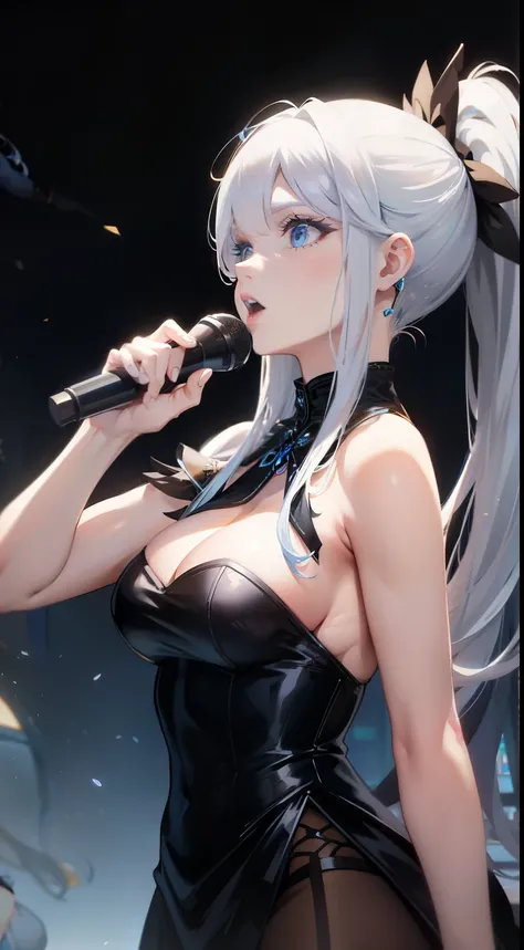 Grown-up girl, long white hair, high ponytail, blue eyes, blue eyeshadow, blue lipstick, black tight dress, rich dress, sleeveless, open breasts, golden elements, singing, opera, Masterpiece, hiquality, 4k, HD, Good detail