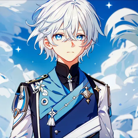 1 boy, white hair, blue sparkling eyes, handsome， The upper part of the body，short hair， exteriors， daysieackgound， blue-sky， Skysky， chies， looking at viewert， stairwayont， close-up,    detailed face,    detailed eyes