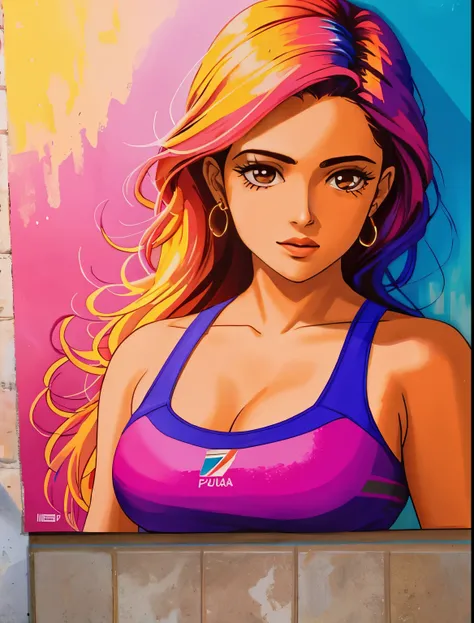pintura de grafite, arte de rua, Papel de parede de unidade CG extremamente detalhado de 16k, Paisagem 16k, obra de arte, obra de arte, melhor qualidade, incredible light brushstrokes, de uma mulher colombiana em estilo grafite em uma parede branca com cor...