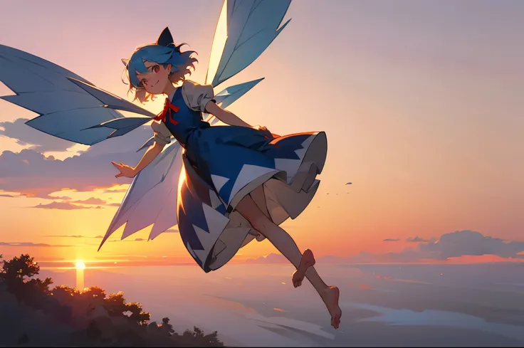 High resolution, masterpiece,highest quality, Super detailed, (Fine grain), (Detailed face), One girl , Fairy flying over a misty lake , Cirno , smile , sunset , barefoot , whole body