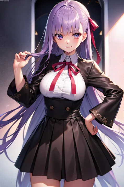 hugob, nffsw, purple hair, long hair, bangs, (purple eyes:1.1), (medium breasts⁩:1.2),blake black jacket, black skirt, collared ...