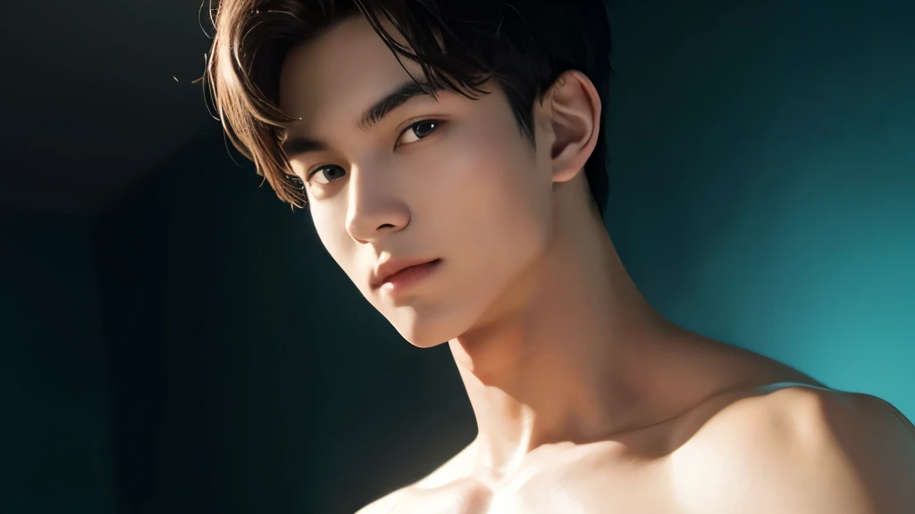 Handsome　Age 25　looking at the camera　Both shoulders are at the same height and slightly visible　Hero　Upper body naked　Front facing　no background