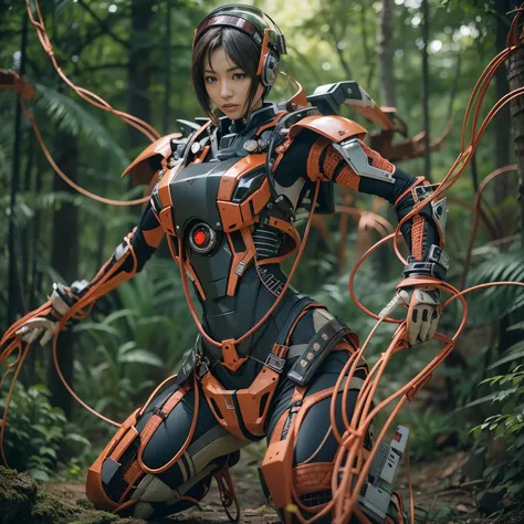 Japanese woman in scorpion-shaped power suit, brown accents, hydraulic cylinders, power cables, metal textures, base in forest, hover movement, ultimately intricate details, lighting highlighting machinery, photorealistic