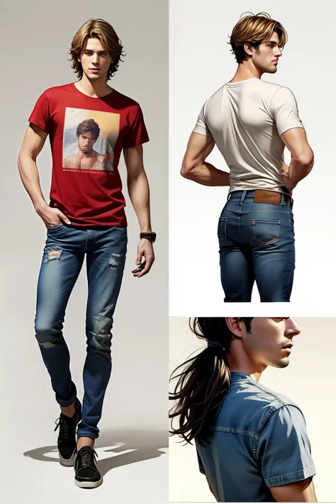 Illustration of a character, reference sheet for a 30 years old, caucasian male in graphic novella style. It presents the same male  from several angles, including front, left side, right side, and back. male wears t-shirt and jeans