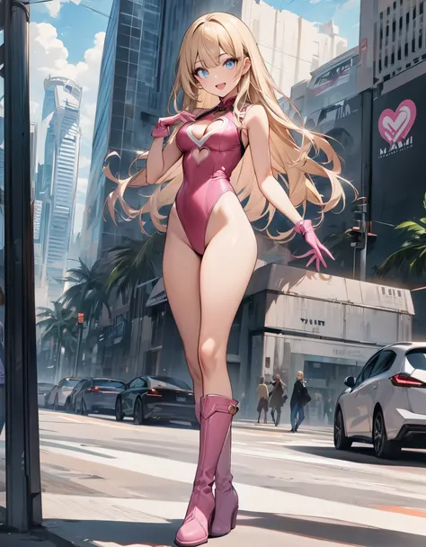 ((masterpiece)), ((best quality)), ((high res)), 1girl, solo, solo focus, (leotard, perfect leotard, pink leotard, sleeveless, bare legs), matching boots, looking at the viewer, miami city backdrop, perfect eyes, perfect legs, perfect arms, perfect hands, ...