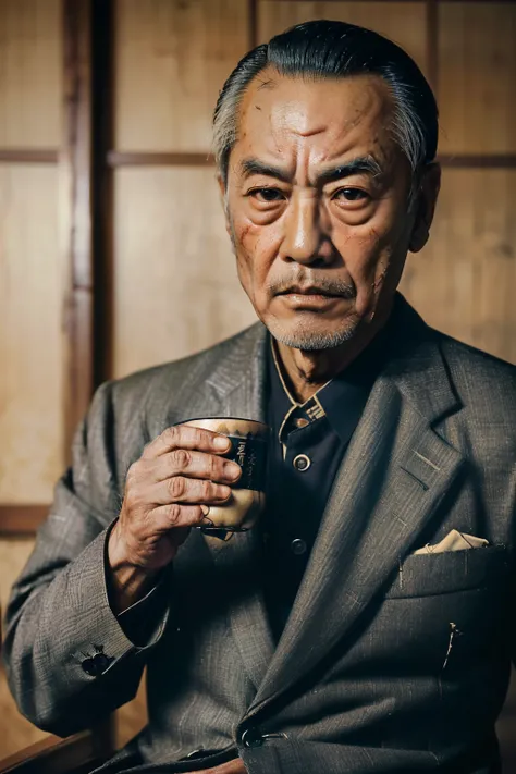 Japan, 1949. ((((57-year-old)) Nobu Toshikazu)), rugged appearance, intelligent, strong, ((scar across his face)), drinking sake, ((angry expression, frowning)), ((((bussinessman clothings from the 1940s, elegant suit)))), ((hairstyle of the 1940s)), color