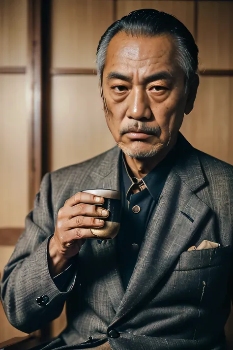 Japan, 1949. ((((57-year-old)) Nobu Toshikazu)), rugged appearance, intelligent, strong, ((scar across his face)), drinking sake, ((angry expression, frowning)), ((((bussinessman clothings from the 1940s, elegant suit)))), ((hairstyle of the 1940s)), color