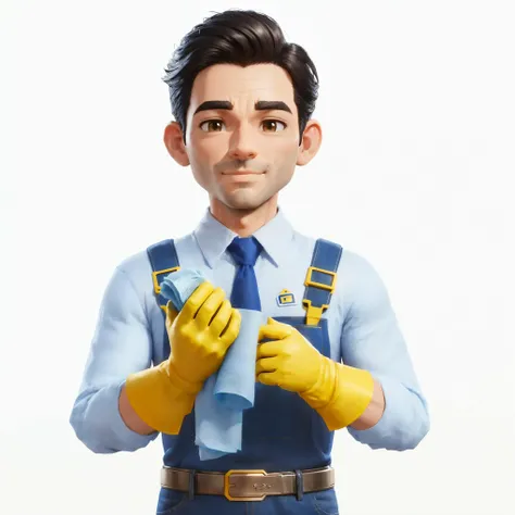 arafed man in a blue shirt and yellow gloves is holding a napkin, wearing plumber uniform, promotional render, 3 d character render, 3d character, 3 d character, official render, clean digital render, maxwell render, high res render, 3d character realistic...