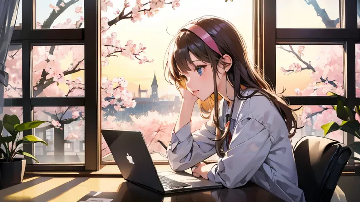 Girl studying on laptop in library　headphone　coffee　Cherry blossoms in the window