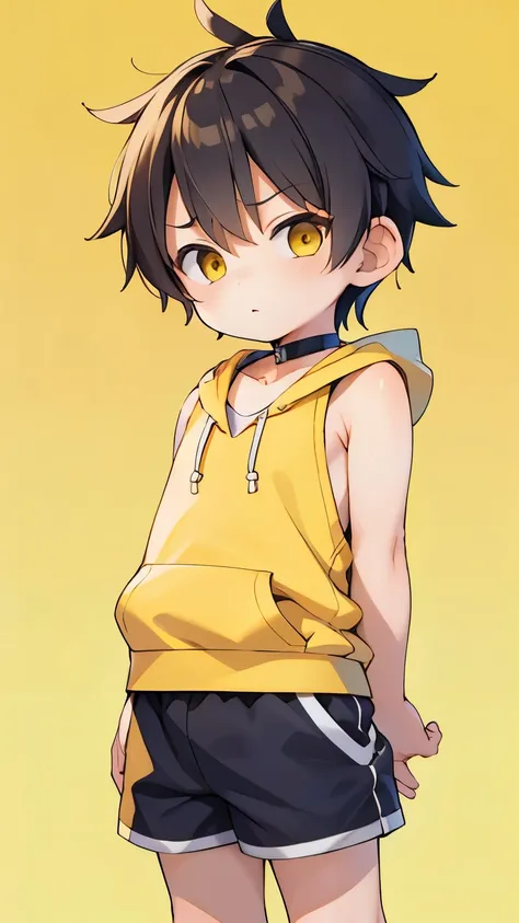 Highres, Masterpiece, Best quality at best,Best Quality,hight quality, hight detailed, 1boy, Shota, Yellow hoodie, Choker, Tank top, (very young boy), (very small and short body), 12-year-old boys, Simple beckground, Little sweat