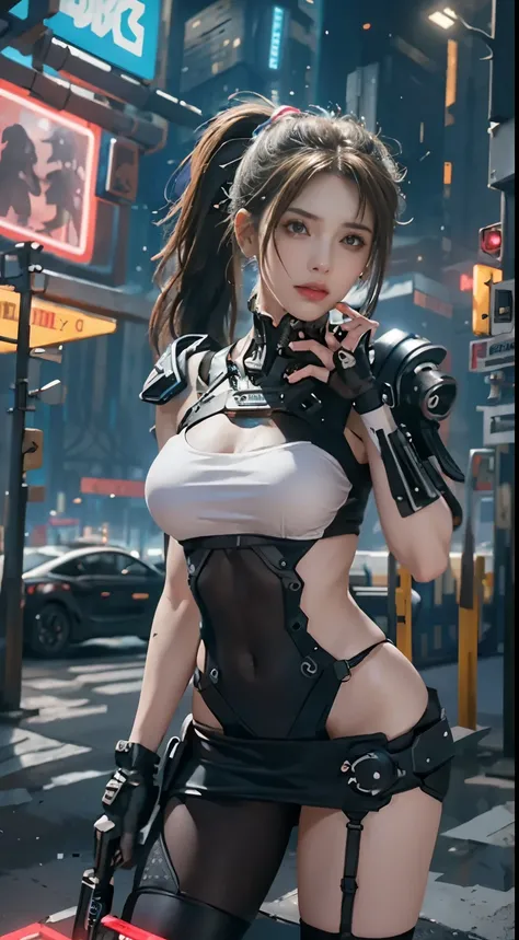 Best Quality)), ((Masterpiece)), (Very Detailed:1.3), 3D, Beautiful (Cyberpunk:1.3)), 1 girl, full body, ponytail white hairstyle, big breast, slender body, slender hips, big breasts, Lying Down with Hands Behind the Head , bottom angles, from below, weari...