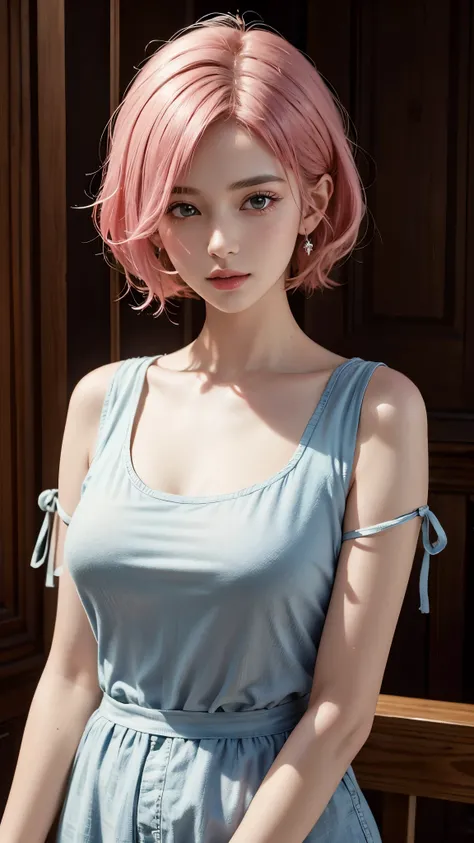 (8k, highest quality, masterpiece: 1.4), Super detailed, highest quality, Ultra-high resolution, Depth of written boundary,(Photorealistic:1.4,RAW shooting,)Ultra-Realistic Capture,(Very detailed,High definition 16k), cute, girl, short hair, Pink Hair, BAR