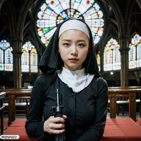 (highest quality、4k、8k、High resolution、Masterpiece: 1.2)、Super detailed、(Real、Photorealistic、Photorealistic: 1.37)、Beautiful nun、Very beautiful woman、Big Breasts、((Skinhead:1.7))、(Put on a nun's scarf:1.5)、 (Wearing the finest lingerie:1.5)、(Assault ri...