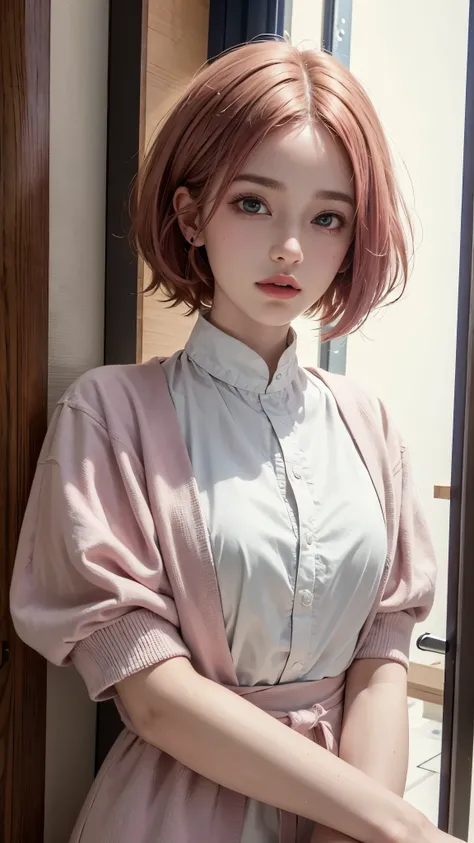 (8k, highest quality, masterpiece: 1.4), Super detailed, highest quality, Ultra-high resolution, Depth of written boundary,(Photorealistic:1.4,RAW shooting,)Ultra-Realistic Capture,(Very detailed,High definition 16k), cute, girl, short hair, Pink Hair, Liv...