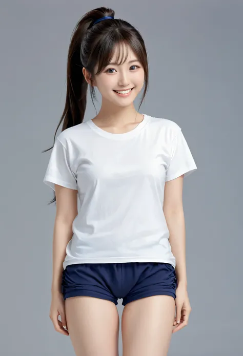 White large plain T-shirt)),((Navy Blue Bloomers)) 、Big Tits、ponytail、Japanese Girls、8K、((Full Body Shot))、highest quality、masterpiece、Real、Photorealistic ultra-detailed、One Girl、cute、The best smile、Beautiful Eyes、Long Hair、Perfect Face、Full Body Shot
