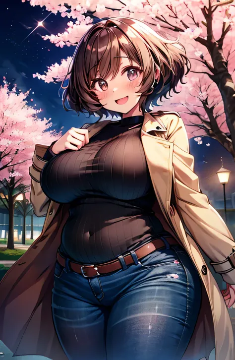 anime illustration、highest quality、a short and plump high school girl、night park、illuminated cherry blossoms、cherry-blossom view...