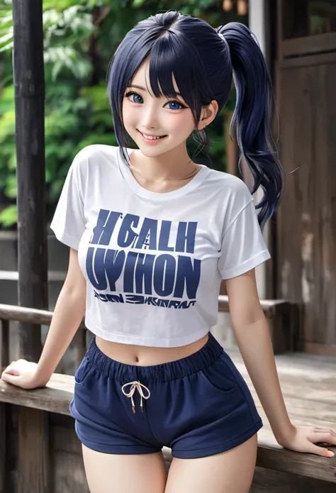 White large plain T-shirt)),((Navy Blue Bloomers)) 、Big Tits、ponytail、Japanese Girls、8K、((Full Body Shot))、highest quality、masterpiece、Real、Photorealistic ultra-detailed、One Girl、cute、The best smile、Beautiful Eyes、Long Hair、Perfect Face、Full Body Shot
