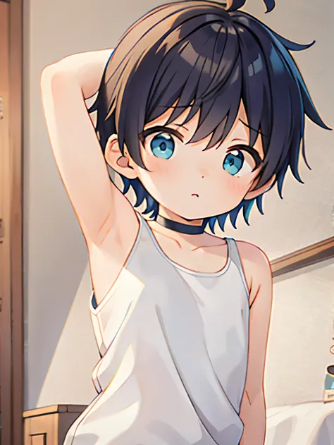 Highres, Masterpiece, Best quality at best,Best Quality,hight quality, hight detailed, 1boy, Shota, Cyan, Choker, Tank top, (very young boy), (very small and short body), 12-year-old boys, (Showing armpit:1.3), Simple beckground, Little sweat,