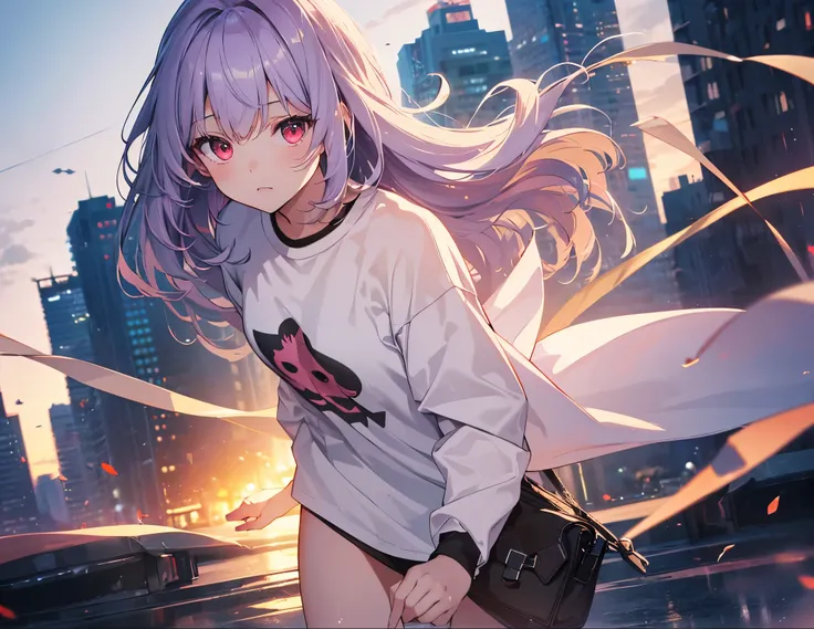 Realistic,highest quality, Ultra Detail, High-quality CG rendering, The most delicate and beautiful, Floating softly, High resolution, (1 girl), (Highest quality,4K,8K,masterpiece:1.2), Light purple hair,Long Hair,Red eyes,(white oversized long sleeve t-sh...