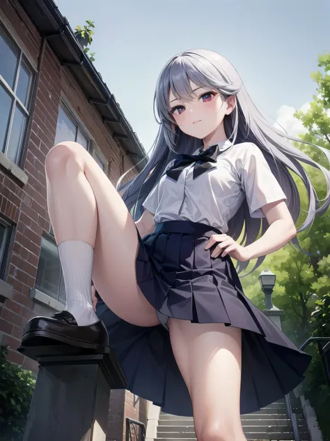 (Realistic, photo Realistic:1.2), ((highest quality)), Shift the center of gravity backwards, Quite embarrassing, kazami kazuki, Silver Hair, Long Hair, Red eyes, Black Bow, White knee-high socks, (Roll up your skirt:1.3), Beautiful facial details, Real hu...