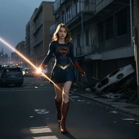 Supergirl looks down on a aftermath of a bombing raid on a city、(Flying Supergirl)、The City Where the Light Died、Burnt area、(Supergirl shines beams from her eyes at the city&#39;s vandals:1.5)、(The city&#39;s destroyer is a giant monster:1.7)、