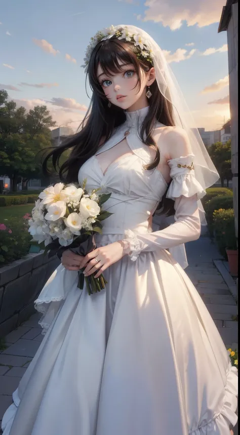 Beach,Black Hair,Straight hair,Random Hairstyles、Lumine | genshin impact, master-piece, bestquality, 1girls,25 years old, proportional body, proportional., Wedding Dresses, White Wedding Dress, Long skirt, wedding, mediuml breasts, ,bara, Standing in the m...